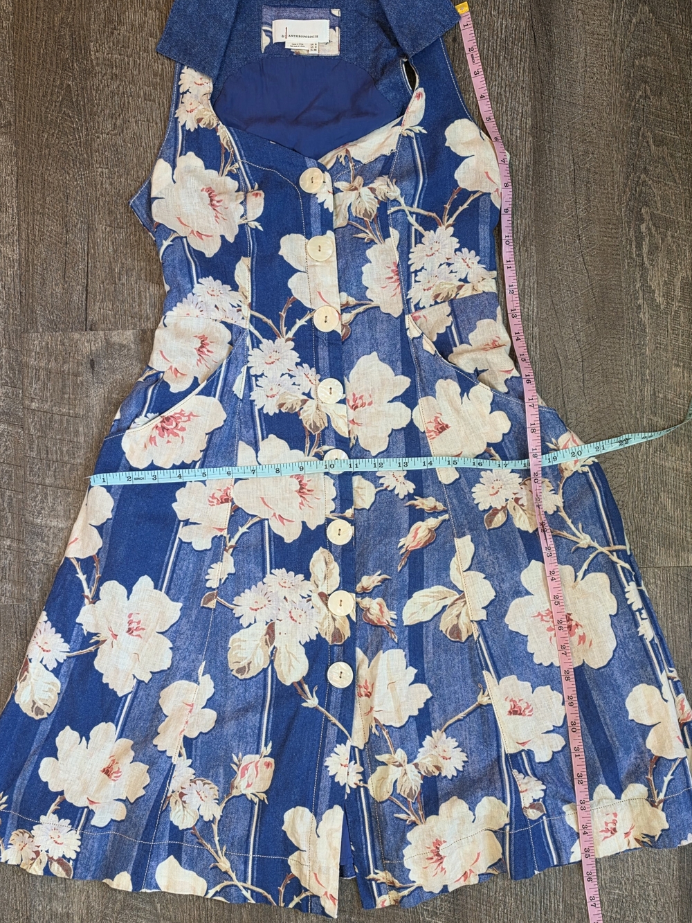 Anthropologie Camellia Collared Midi Dress Womens 2 Blue Cream Floral Retro 90s - Picture 10 of 12